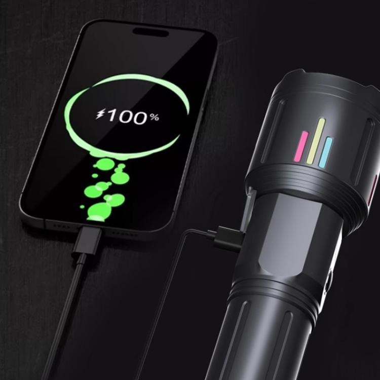 Black smartphone charging icon next to black flashlight with multicolor indicator bars