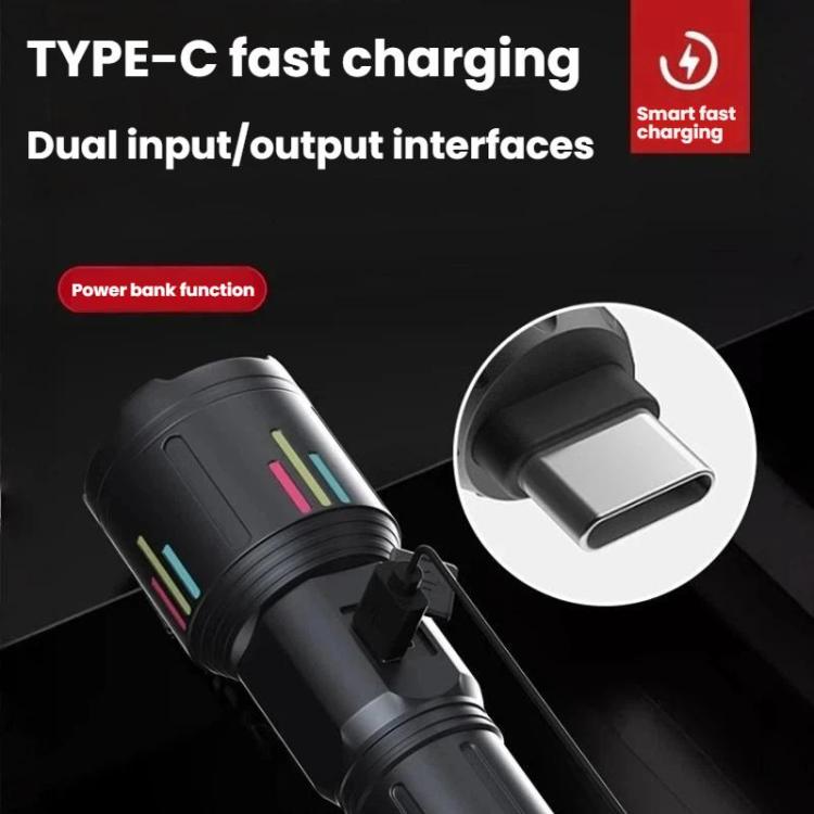 Black rechargeable flashlight with visible Type-C charging port on the handle