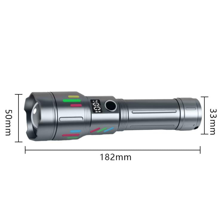 Handheld gray flashlight with side control panel and textured head