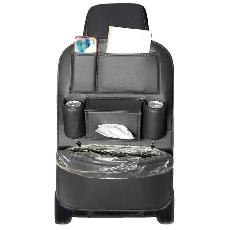 Car seat back leather storage organizer with side cup holders and hanging trash bag