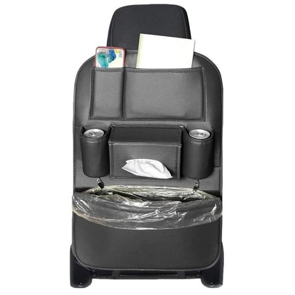 Car seat back leather storage organizer with side cup holders and hanging trash bag