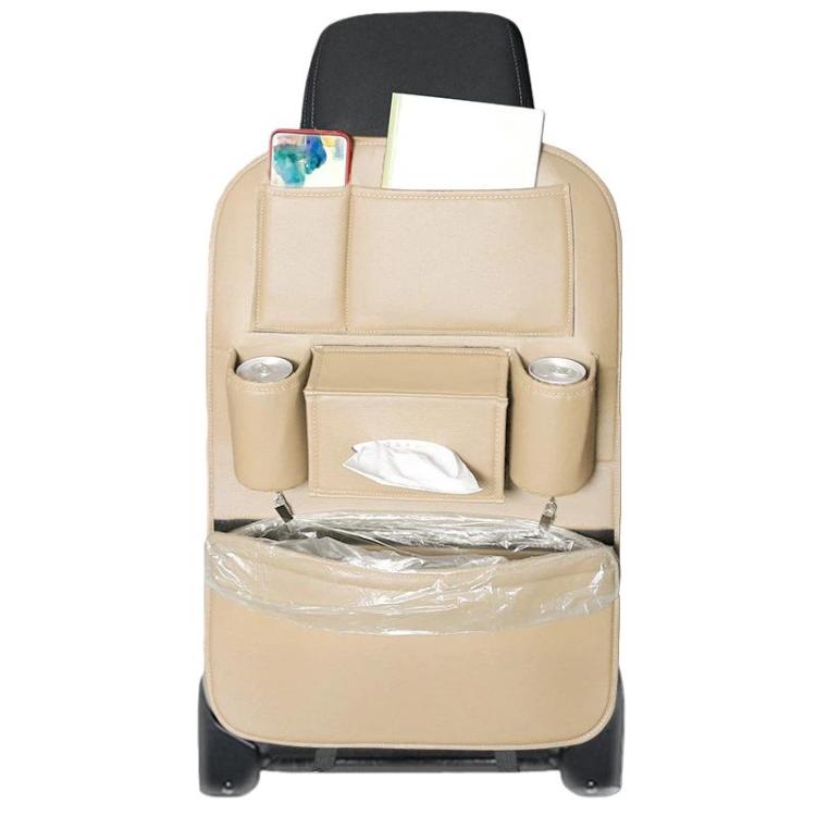 Beige car seat back leather storage organizer with side pockets and hanging trash bag