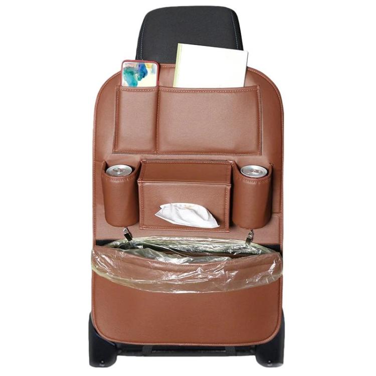 Brown car seat back leather storage organizer with side cup holders and hanging trash bag