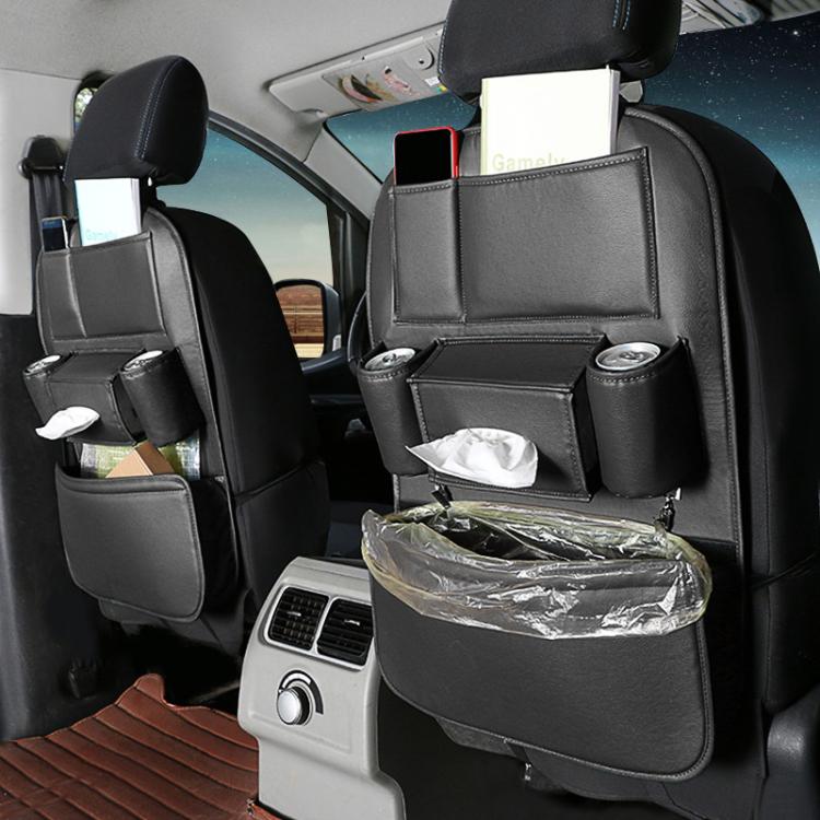 Black car seat back storage organizer installed on front seat with trash bag and pockets