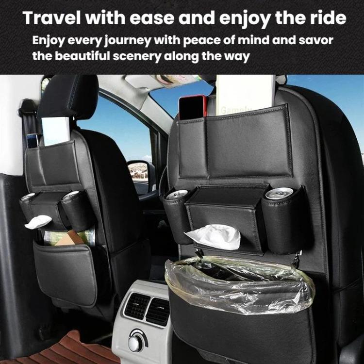 Black car seat back storage organizer on two seats with hanging trash bag and compartments
