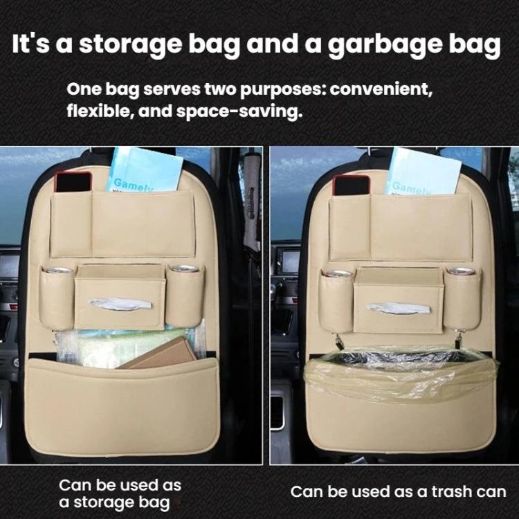 Car seat back storage organizer that holds items and functions as a hanging trash bin