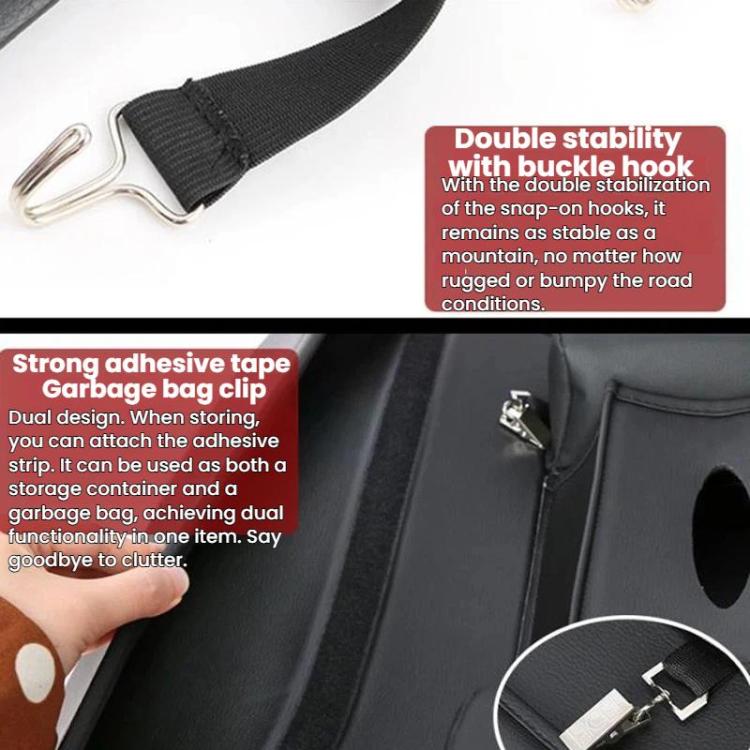 Black car seat back organizer with installation straps and snap hooks for stability