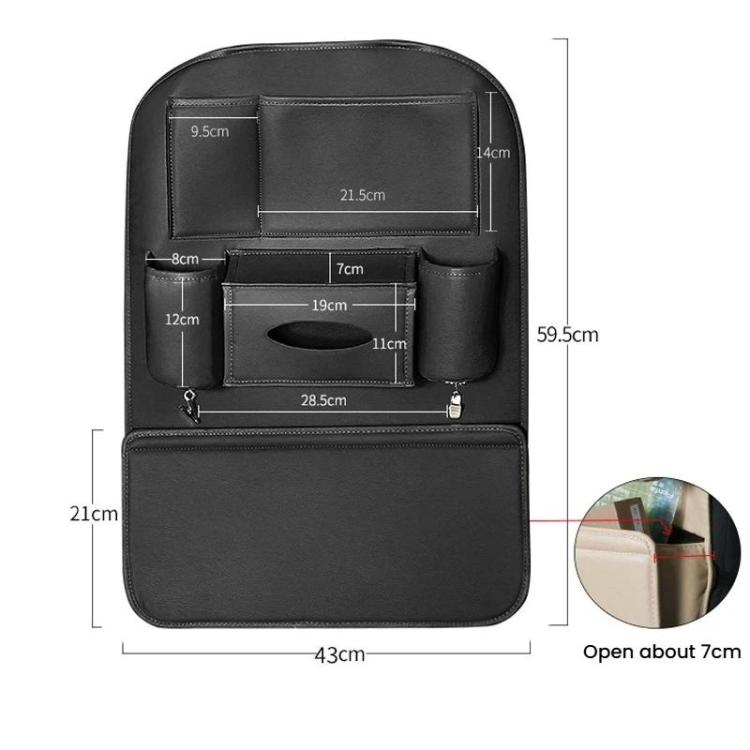 Black seat-back leather storage organizer with front pocket and top compartments