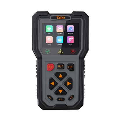 OBD2 fuel injector diagnostic tool with T400 label, color touchscreen, and keypad