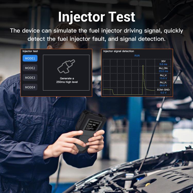 OBD2 fuel injector diagnostic tool injector test interface with waveform panel