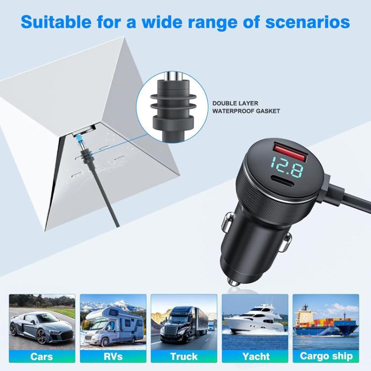 Waterproof car charger with digital voltage display, shown with protective plug and cable