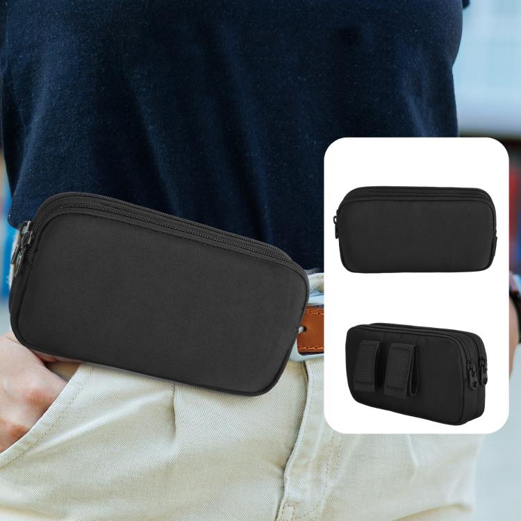 Black double-pocket phone waist bag fanny pack with zipper, worn at the waist