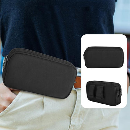 Black double-pocket phone waist bag fanny pack with zipper, worn at the waist