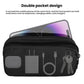 Black zip double-pocket phone fanny pack with cable and key storage shown