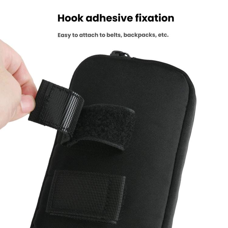 Black fanny pack with hook-and-loop strap on the back for attachment