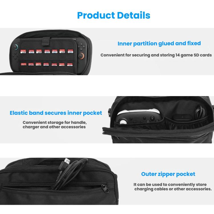 Black zippered messenger bag with elastic inner pocket and outer compartment