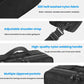 Black nylon webbing handle, adjustable strap, and multiple zippered storage pockets