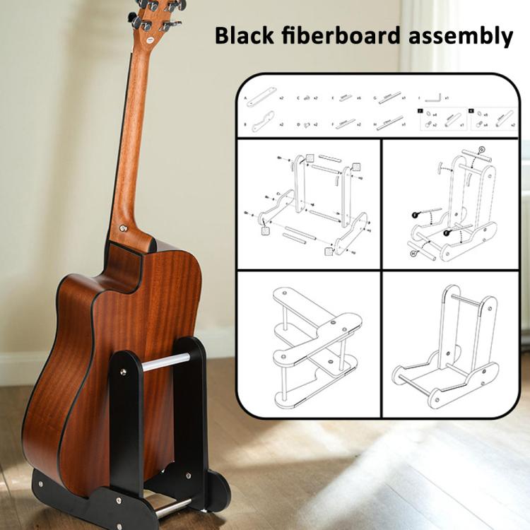 Vertical guitar stand with dark wood body and black base holding an acoustic guitar