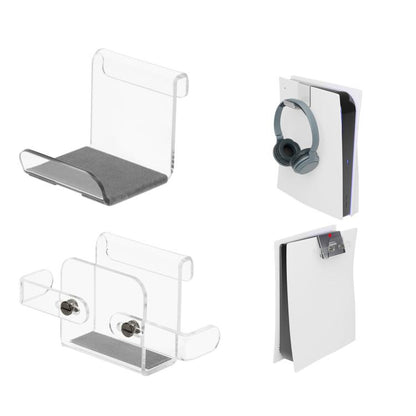 Clear acrylic overhead hanger with dual hooks and dark gray controller support