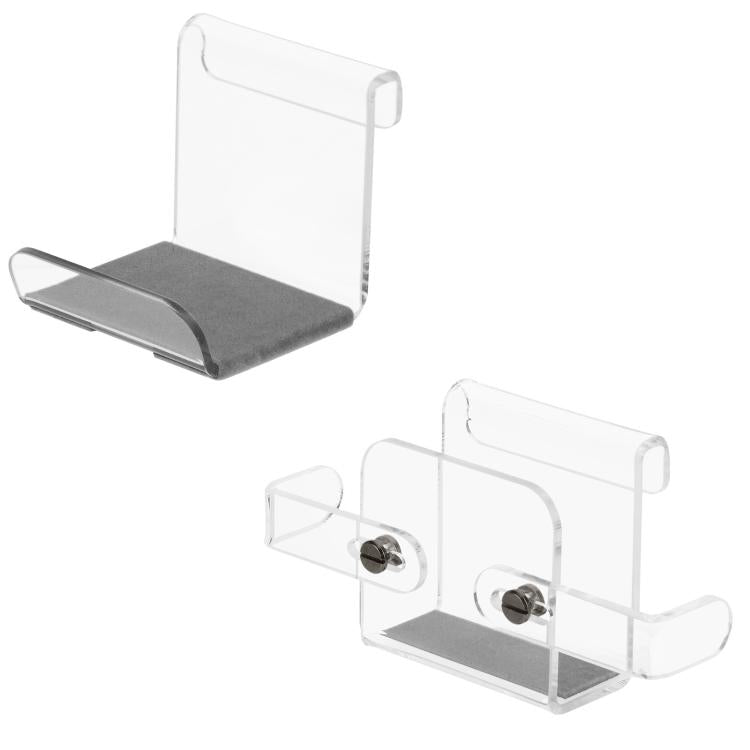 Clear acrylic dual-hook hanger with dark gray base pad for controller storage