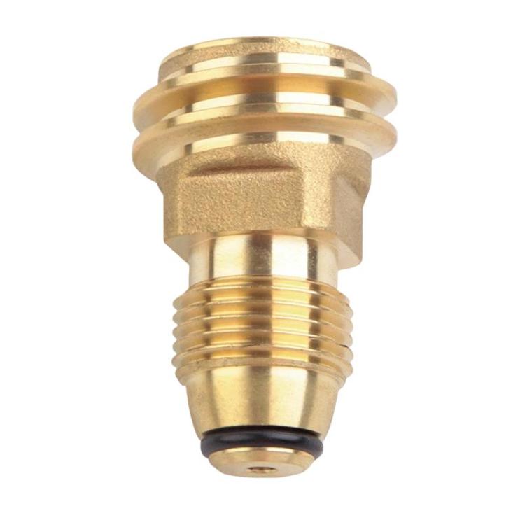 Yellow brass propane refill adapter connector with threaded fitting and seal ring