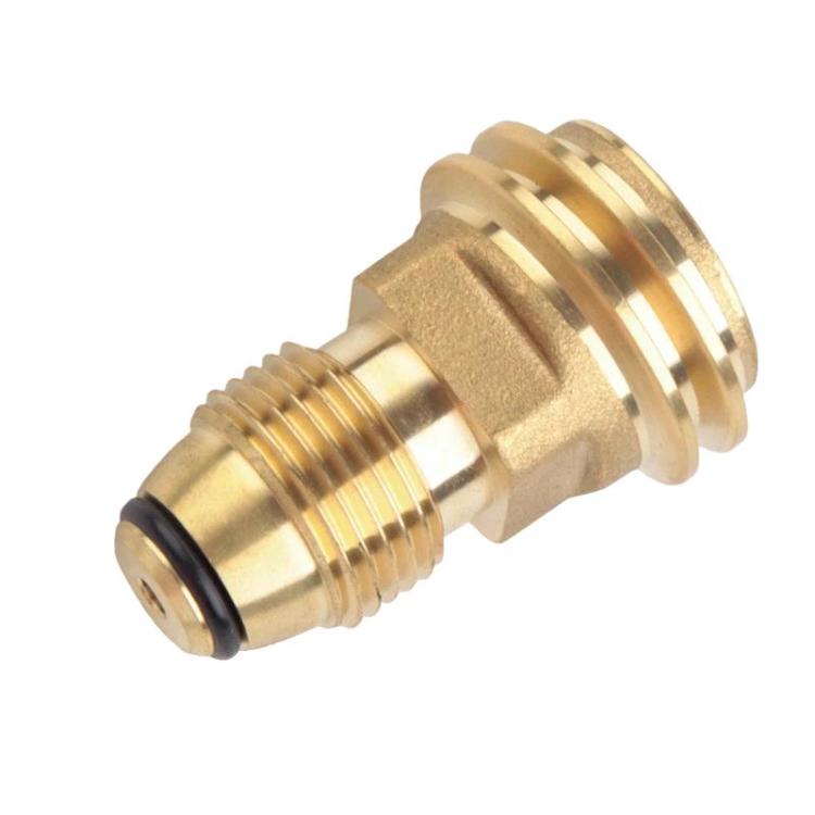 Brass gas stove conversion adapter with male threads and black rubber O-ring