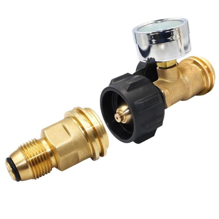 Brass propane adapter connector with black valve-style fitting and metal cap