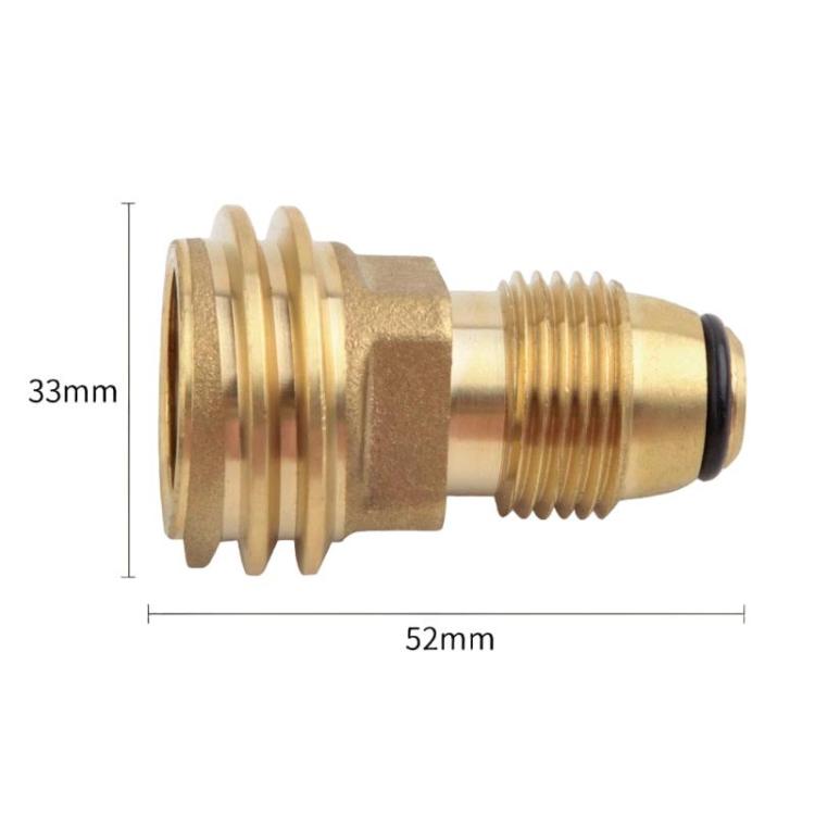 Brass propane refill adapter connector with threaded ends and black seal tip, 52 mm