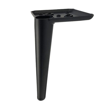 Black metal furniture leg with flat mounting plate and screw holes