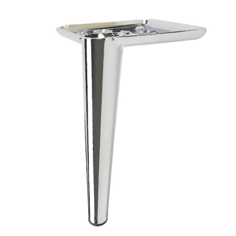 Silver metal furniture leg with flat mounting plate and screw holes
