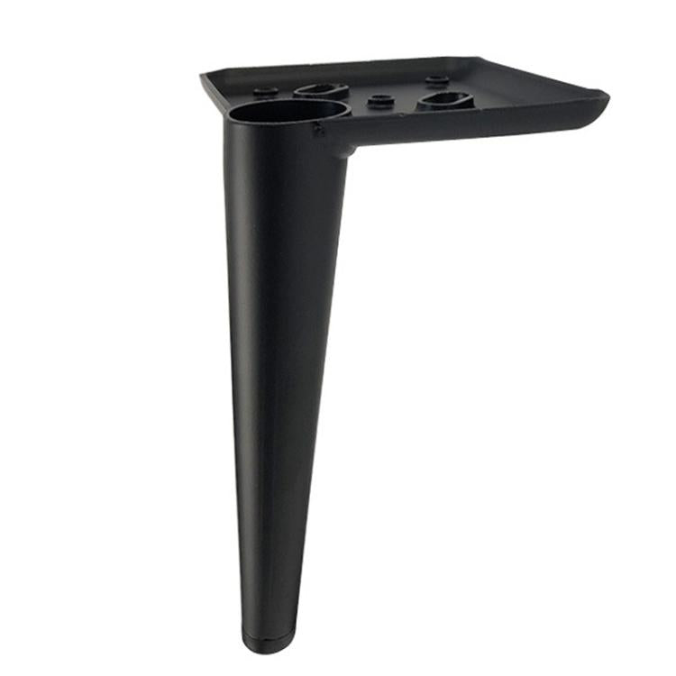 Black metal furniture leg with flat mounting plate and screw holes