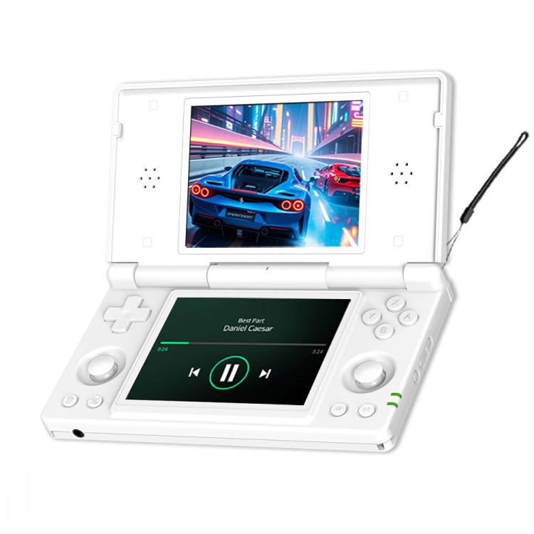 White flip dual-screen handheld game console with touchscreens and control buttons