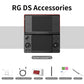 Dual-screen handheld game console with accessories shown: cable, gift box, stylus, protector