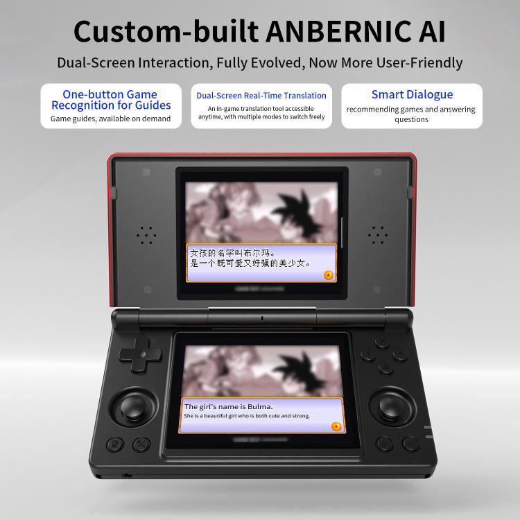 Black flip dual-screen handheld game console with touchscreens and control pad