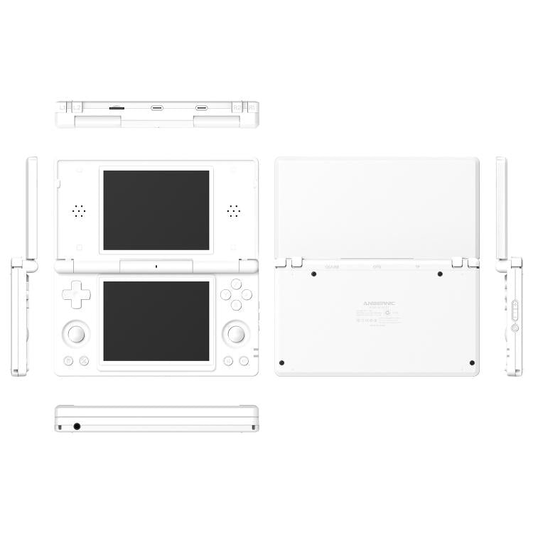 White flip dual-screen handheld game console front, back, and hinge views