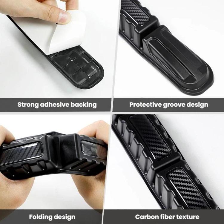 Black adhesive bumper protection strip, folding design with carbon-fiber textured surface.
