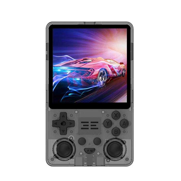 Handheld game console with 4-inch IPS screen, transparent black body and game controls