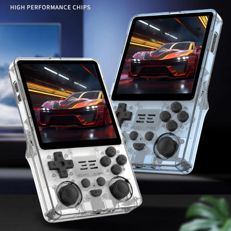 Two handheld game consoles in clear cases, screens facing forward with thumbsticks