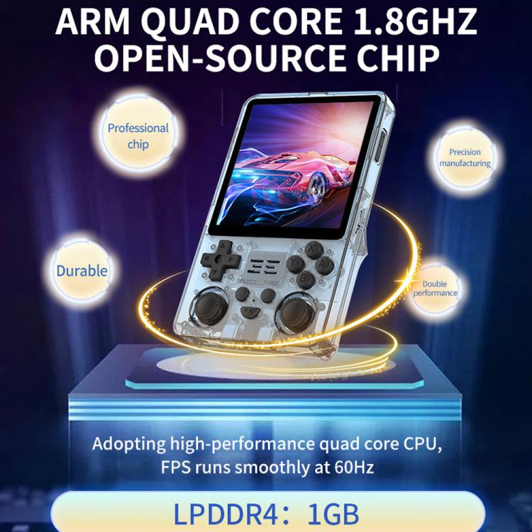Portable handheld game console in clear case, 4-inch screen and control buttons