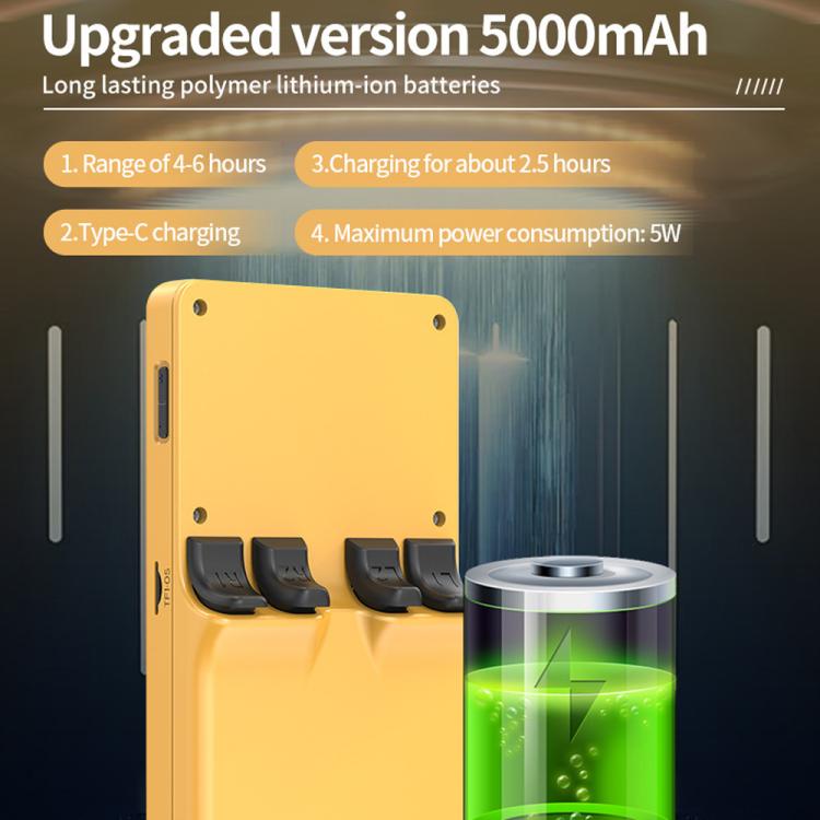 Yellow handheld game console with rear battery pack labeled 5000mAh