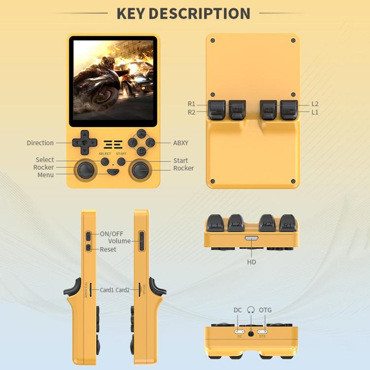 Yellow handheld game console with front controls and rear port layout