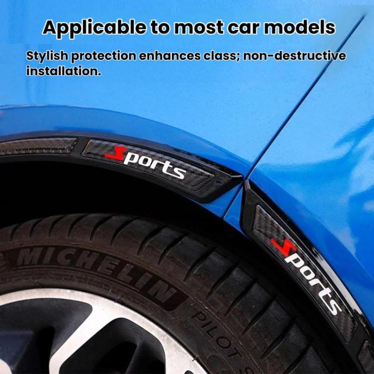 Wheel arch anti-collision strip sticker set installed on a blue car fender, red accents visible