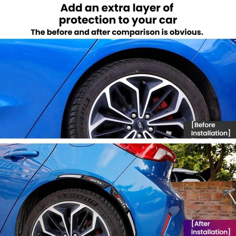 Wheel arch anti-scratch strip sticker before-and-after view with red accents on a car wheel area