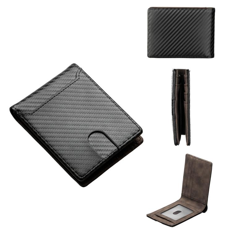 Black carbon-fiber bi-fold card wallet with ID window and card slot divider