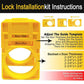 Yellow door lock installation template kit with guide template and hole saw drill parts