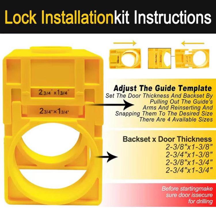 Yellow door lock installation template kit with guide template and hole saw drill parts