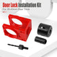 Red door lock installation kit with black hole saw cutters and drill bit