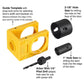 Yellow guide template with snap-lock arms, plus black hole saws and arbor drill bit