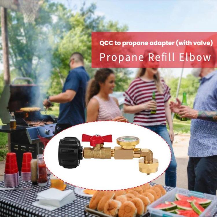 Propane refill elbow adapter with pressure gauge and red/black control valve