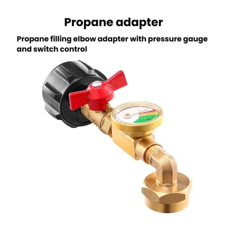 Propane filling elbow adapter with pressure gauge, red valve handle, and brass connector